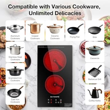 BLITZHOME Electric Stove Top 2 Burner, 12inch Electric Cooktop, Built-in Ceramic Cooktop with 9 Power Levels/Timer/Child Safety Lock/Touch Control/Overheat Protection, 220-240V, Hard Wire, No Plug - Image 6