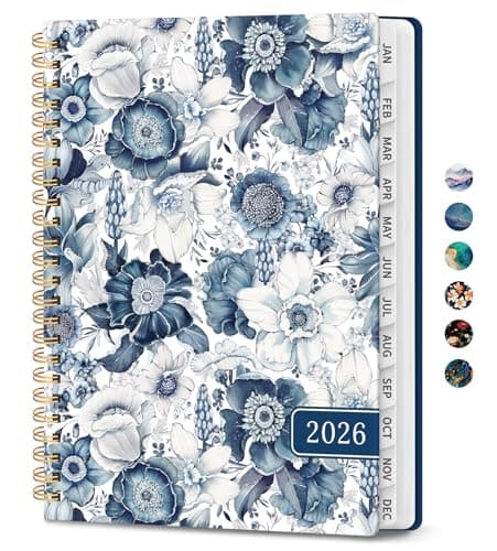 2026 Planner, Monthly and Weekly Calendar Planner for Women, January 2026 - December 2026, Hardcover Pretty 2026 Agenda Planner Book with Tabs, Spiral Bound, Perfect for School Office Home Supplies, 6.3" x 8.5" - Blue Floral - Image 1