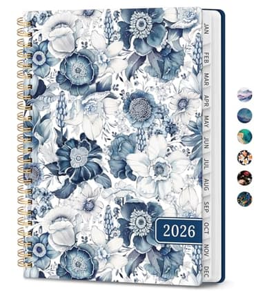 2026 Planner, Monthly and Weekly Calendar Planner for Women, January 2026 - December 2026, Hardcover Pretty 2026 Agenda Planner Book with Tabs, Spiral Bound, Perfect for School Office Home Supplies, 6.3" x 8.5" - Blue Floral - Image 1