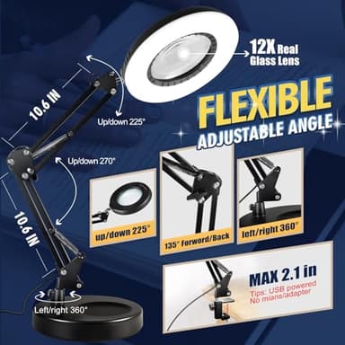 12X Magnifying Glass with Light and Stand, 144 LEDs Brightest Desktop Magnifying Lamp, 10 Dimmable Brightness 5 Color Modes, Hands Free Metal Desk Lamp for Craft Reading Painting Hobby Close Work - Image 6