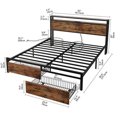 LIKIMIO Queen Bed Frame with Storage Headboard, Platform Bed with Drawers and Charging Station, No Box Spring Needed, Easy Assembly, Vintage Brown - Image 2