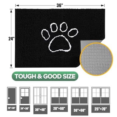 Dog Door Mat for Muddy Paws, Pet Rug Chenille Absorbent Outdoor Doormat 36"x 24", Non Slip Heavy Indoor Doormat Soft Front Inside Doormats for Entryway, Mud Paws, Patio,Dog Paw Black - Image 2