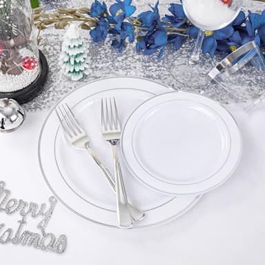 GATHER 700PCS Silver Plastic Plates - Silver Plate Set 100Guest - Disposable Dinnerware Sets 100Silver Rim Dinner Plates 100Silver Dessert Plate 100Paper Napkins&Cups&silver Plastic Silverware Set - Image 7