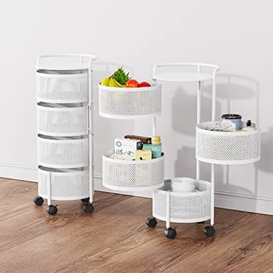 JAQ Rotating Storage Shelves Rack for Kitchen, 4-Tier Multi Layer Removable Basket Shelf Organizer on Rolling Wheels for Fruit Vegetable Grocery Corns Potato Onion (4-Tier, White) - Image 6