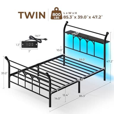 Rolanstar Twin Bed Frame with USB Charging Station, LED Bed Frame with Storage Headboard, Black Metal Platform Bed with Sleigh Headboard and Footboard, No Box Spring Needed, Noise Free - Image 2