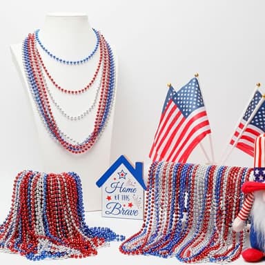 Huskein 120 PCS 4th of July Necklace, 33" Red Silver Blue Metallic Beaded Necklaces, Independence Day Party Accessories Patriotic Bead Necklace for Memorial Day Fourth of July Parades Party Supplies - Image 3
