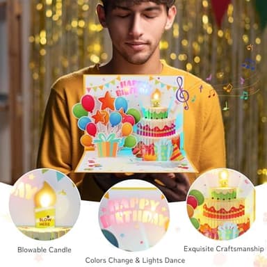 MZD8391 Birthday Cards Pop Up Cake with Blowable Candle Light, Music Happy Birthday Card Gifts for Men Women Kids Mom Grandma - Image 3