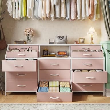 Romorgniz 55" W Pink Dresser for Bedroom with Deep Fabric Drawers, Long Chests of Drawers with 2 Open Wooden Shelves, Large Vanity Dressers for Entryway, Dorm, Sturdy Metal Frame, Wood Top - Image 3