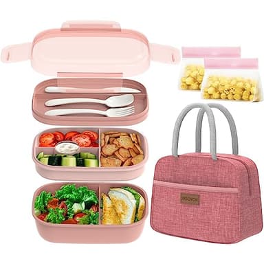 JBGOYON® Bento Lunch Box Set - 3 Stackable Containers for Adults and Kids，lunch box for women- Includes Lunch Bag, Leak-Proof and BPA-Free - Built-in Utensil Set - Dishwasher Safe (Pink) - Image 1