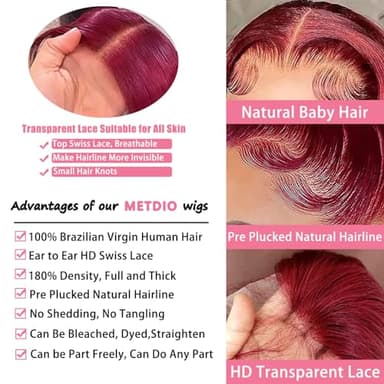 METDIO 99J Burgundy wig human hair 13x4 body wave lace front wigs human hair 180 Density Pre Plucked Glueless Wine red colored lace front wig for Women 26inch - Image 3