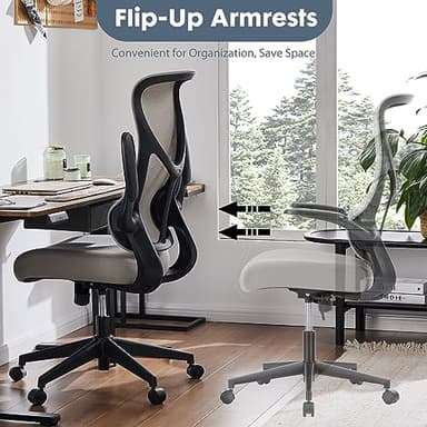 Sweetcrispy High Back Office Chair - Ergonomic Computer Gaming Mesh Chairs with Lumbar Support, with Soft Flip Up Arms, Adjustable Height and 360° Wheels, 120° Rocking Mode, Light Grey - Image 4