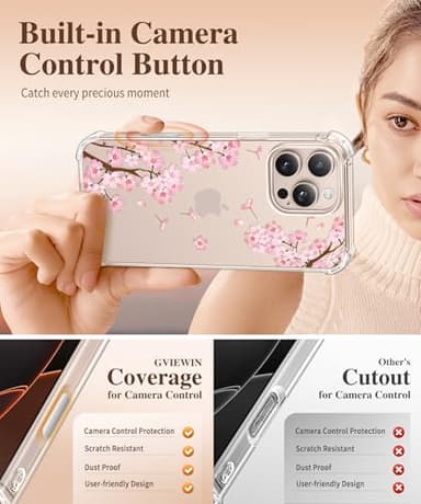 GVIEWIN for iPhone 16 Pro Max Case with Screen Protector & Camera Lens Protector, [Military Grade Protection] Clear Shockproof Slim Floral Phone Cover for Women Girls 6.9" (Sakura/Pink) - Image 5