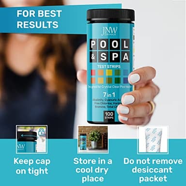 JNW 7-in-1 Pool Test Strips, 100 Quick & Accurate Test Strips for Pool Water, Spa Test Strips for Hot Tub, Chlorine Test Strips, Bromine, pH, Alkalinity, Hardness & More - Swimming Pool Test Kit - Image 6
