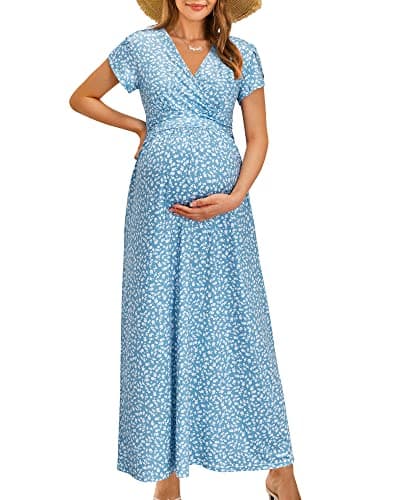 OUGES Summer Maternity Maxi Dress Baby Shower Nursing Dresses Breastfeeding Maternity Photoshoot Outfits(Floral-3,XL) - Image 1
