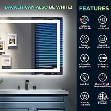 YEELAIT 50x32 Inch RGB LED Bathroom Mirror Front Light and RGB Backlit Lighted Vanity Mirror for Bathroom Wall Mounted Dimmable Anti Fog Memory Shatter-Proof IP54 Waterproof Horizontal/Vertical - Image 2