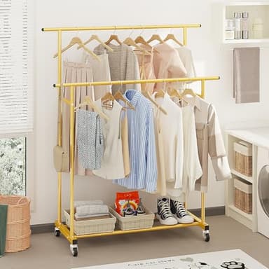 Calmootey Double Rod Clothing Garment Rack,Rolling Hanging Clothes Rack,Portable Clothes Organizer for Bedroom,Living Room,Clothing Store,Gold - Image 4