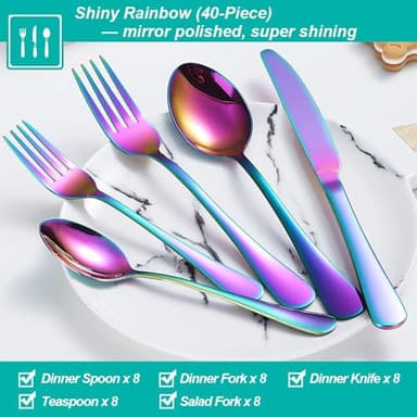 40 Pcs Rainbow Silverware Set for 8, Food Grade Stainless Steel Flatware Set, Eating Utensils Sets Include Fork/Knife/Spoon,Home Kitchen Tableware Set, Reusable Cutlery Set, Dishwasher Safe - Image 2