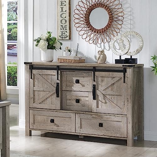 T4TREAM 48'' Farmhouse Dresser for Bedroom w/4 Drawers & Sliding Barn Doors, Tall Chest of Drawers, Rustic Dresser TV Stand w/Shelf, Organizer for Bedroom, Living Room, Foyer,Light Rustic Oak - Image 1