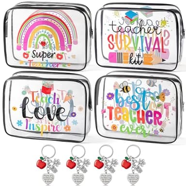 Y1tvei Teacher Appreciation Makeup Bag - 8Pcs Best Teacher Ever Teach Love Inspire Cosmetic Bag with Apple Keychain Waterproof Clear Makeup Pouch Travel Toiletry Bag Graduation Thanks Gift - Image 1