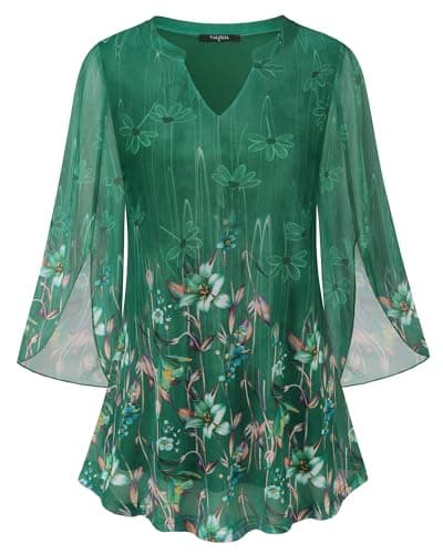 VALOLIA Dressy Tops for Women - Fancy Blouses with Half Sleeve & Long Sleeve Options - Elegant Flower Patterns - Church Tunic Tops - Loose Fit, V Neck - Spring Clothes in Green, Large - Image 1