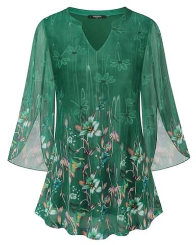 VALOLIA Dressy Tops for Women - Fancy Blouses with Half Sleeve & Long Sleeve Options - Elegant Flower Patterns - Church Tunic Tops - Loose Fit, V Neck - Spring Clothes in Green, Large - Image 1