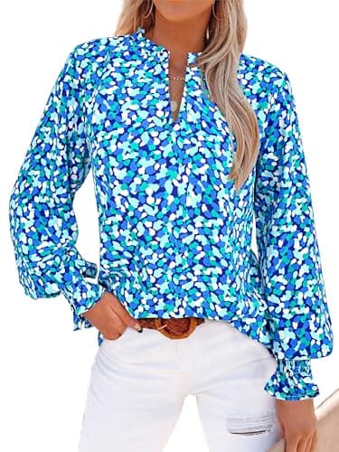 MASCOMODA Womens V Neck Floral Long Sleeve Tops 2025 Summer Casual Loose Puff Sleeve Chiffon Boho Work Blouse Dressy T Shirts(Blue,Large) - Image 1