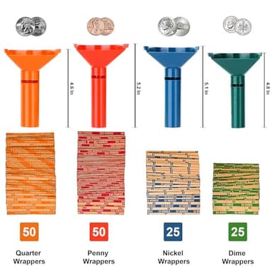 PM Company Color-Coded Coin Counting Tube with 150 Assorted Flat Coin Wrappers for Pennies Through Quarters (05032), Blue; Green;Orange;red, Set of 4 - Image 2