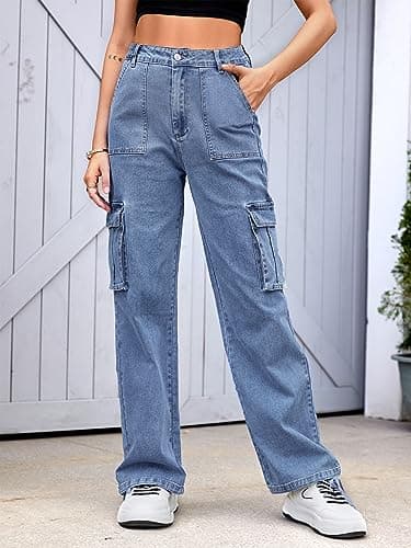 ZMPSIISA Women High Waisted Cargo Jeans Pants Wide Leg Casual Denim 6 Pockets Combat Military Trousers(Denim Blue,Large) - Image 2