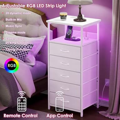 Fixwal Tall Nightstand with Charging Station and LED Lights, Night Stand with PU Finish Fabric Storage Drawers, 5 Drawer Dresser, White - Image 4