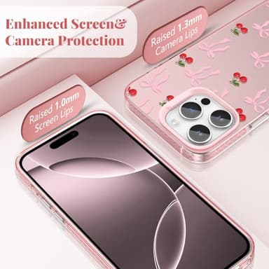 ZTOFERA for iPhone 16 Pro Max Case,Cute Pink Ribbon Bow Tie Planet Star Floral Aesthetic Phone Case,Trendy Slim Hard IMD Shockproof Protective Bumper Phone Cover for Women Girls,Cherry - Image 2