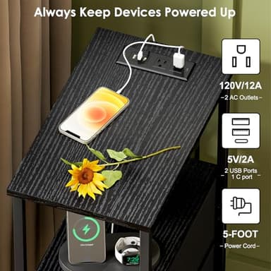 Fixwal Narrow Side Table with Charging Station and LED Light, Skinny Nightstand with 2 Fabric Drawers, Slim End Table for Bedroom, Dorm, Small Space, Black - Image 5