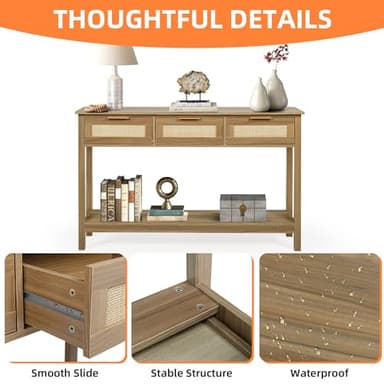 LAZZO Rattan Console Table Boho Entryway Table Narrow Long Sofa Table Hallway Foyer Table Behind Couch Table with 3 Drawers and Open Storage Shelf for Living Room and Corridor Brown - Image 5