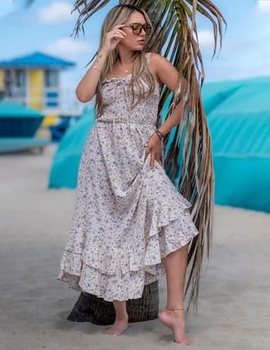 GRACE KARIN Women's 2025 Summer Floral Boho Dress Square Neck Strapped Swing A Line Sundress Beach Long Maxi OutfitsLight Yellow M - Image 5