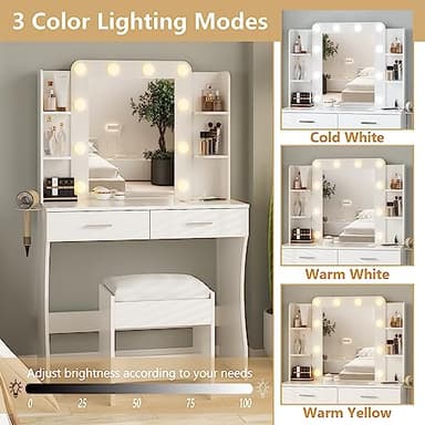 Vabches Vanity Desk with Lights,Makeup Vanity with Power Strip,Dressing Table Set with 2 Large Drawers,Vanity Mirror 3 Lighting Color Adjustable,White - Image 3
