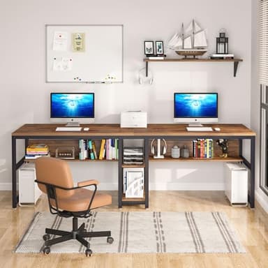Tribesigns Two Person Desk with Bookshelf, 78.7 Computer Office Double Desk for Two Person, Rustic Writing Desk Workstation with Shelf for Home Office (Brown) - Image 5