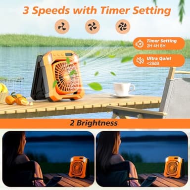 Camping Fan Battery Powered & Solar Powered, Portable Solar Fan 10000mAh Rechargeable Outdoor Fans with Light, Quiet Cordless Fans for Tent, RV, Emergency, Hiking, Power Outage, Desk, Survival Kit - Image 4
