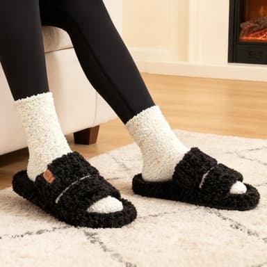 EverFoams Womens Fuzzy Open-toe Slippers Soft Comfy Memory Foam Indoor House Shoes Matt Black,7-8 US - Image 2