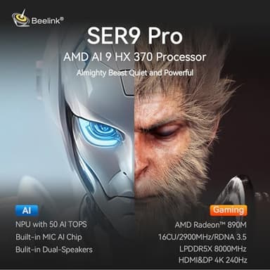 Beelink SER9 Pro AI Mini PC, AMD Ryzen AI 9 HX 370(80TOPS,12C/24T,5.1GHz), 64G LPDDR5X 8000MHz 2TB PCIe4.0 x4 SSD, AI PC AMD Radeon 890M NPU 50 AI Tops, Built-in MIC/Speakers/USB4/WiFi6/BT5.2/2.5G - Image 2