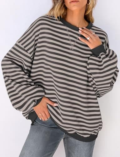 UEU Women's Striped Oversized Color Block Crewneck Long Sleeve Fashion Trendy Sweatshirt Gray X-Large - Image 2