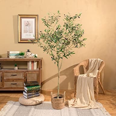 Artificial Olive Tree for Living Room Decor, 6FT Tall Faux Silk Plant Artificial Tree in Potted Oliver Branch Leaves and Fruits for Modern Home Decor Indoor - Image 3