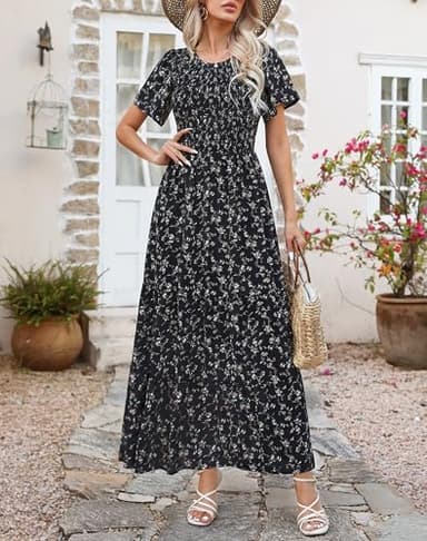 Women Summer Short Sleeve Round Neck Flutter Sleeve Smocked Pleats Ruffle Maxi Floral Dress Black Printed XL - Image 2