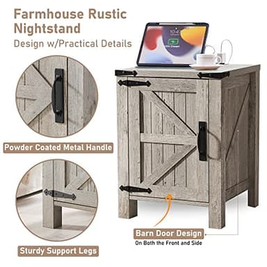 OKD Nightstand with Charging Station, 18 Inch Farmhouse End Table with Barn Door and Adjustable Storage Shelf, Rustic Wood Sofa Side Table w/Magnetic Door for Living Room, Bedroom, Light Rustic Oak - Image 5