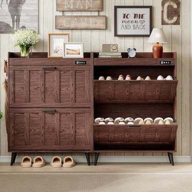 ChooChoo Shoe Storage Cabinet with 2 Flip Drawers, Deodorizing Shoe Organizer Storage for Entryway, Freestanding Hidden Slim Narrow Shoe Rack Cabinet, Walnut - Image 5