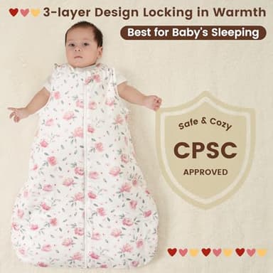 PHF 100% Cotton Baby Sleep Sack 0-6 Months, 2.5 TOG Winter Baby Wearable Blanket with 2-Way Zipper, Warm Comfy Quilted Sleeping Bags, Infant Sleeping Sack for Newborn Girls, Small Size, Pink Floral - Image 7