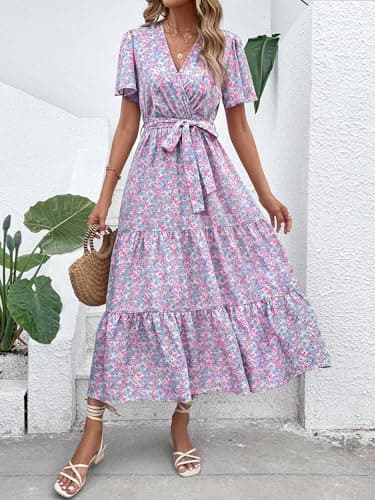 MASCOMODA Womens Summer Boho Maxi Dress Floral Wrap V Neck Flutter Short Sleeve Tie Waist A Line Tiered Flowy Long Dresses(Blue and Pink,Large) - Image 2