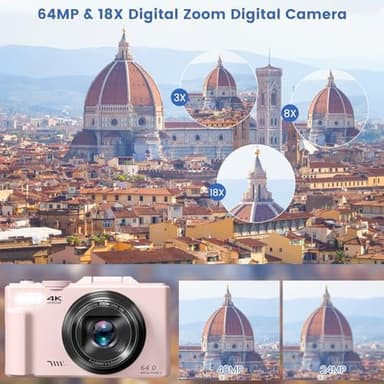 4K Digital Camera for Photography with 3" 180°Flip Screen,64MP Vlogging Camera for YouTube, HD WiFi Compact Camera with Flash, 18X Digital Zoom, 32GB TF Card & 2 Batteries（Pink） - Image 4