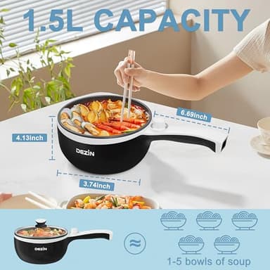 Dezin Hot Pot Electric with Steamer Upgraded, Non-Stick Sauté Pan, Rapid Noodles Electric Pot, 1.5L Mini Pot for Steak, Egg, Fried Rice, Ramen, Oatmeal, Soup with Power Adjustment - Image 5