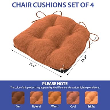 IPYNBAP Chair Cushions for Dining Chairs Set of 4, Kitchen Chair Cushions, Chair Pads with Ties and Non Slip Backing, Tufted Memory Foam Seat Cushion 4 Pack, 15.5" x 15.5" x 4", Rust, Halloween - Image 2