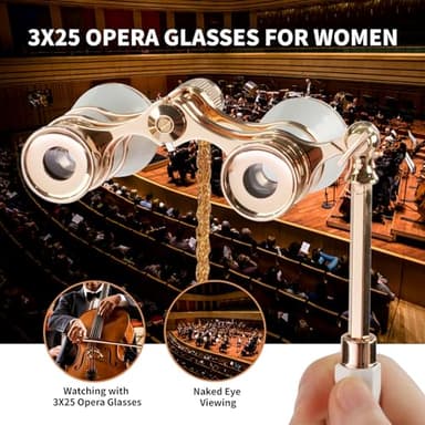 BOSTRON 3X25 Opera Glasses Binoculars Compact with Adjustable Handle & Chain, Portable Vintage Theater Glasses Mini Binoculars for Adults Women Kids for Music Concerts Opera Houses Cinema（White） - Image 3