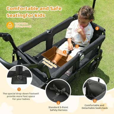 ELEMARA Foldable Stroller Wagon for 2 Kids, Premium All Terrain Wagon for Kids, Cart w/Removable Canopy, Adjustable Push/Pull Handle, Harnesses, Large Storage Bag, Black - Image 4